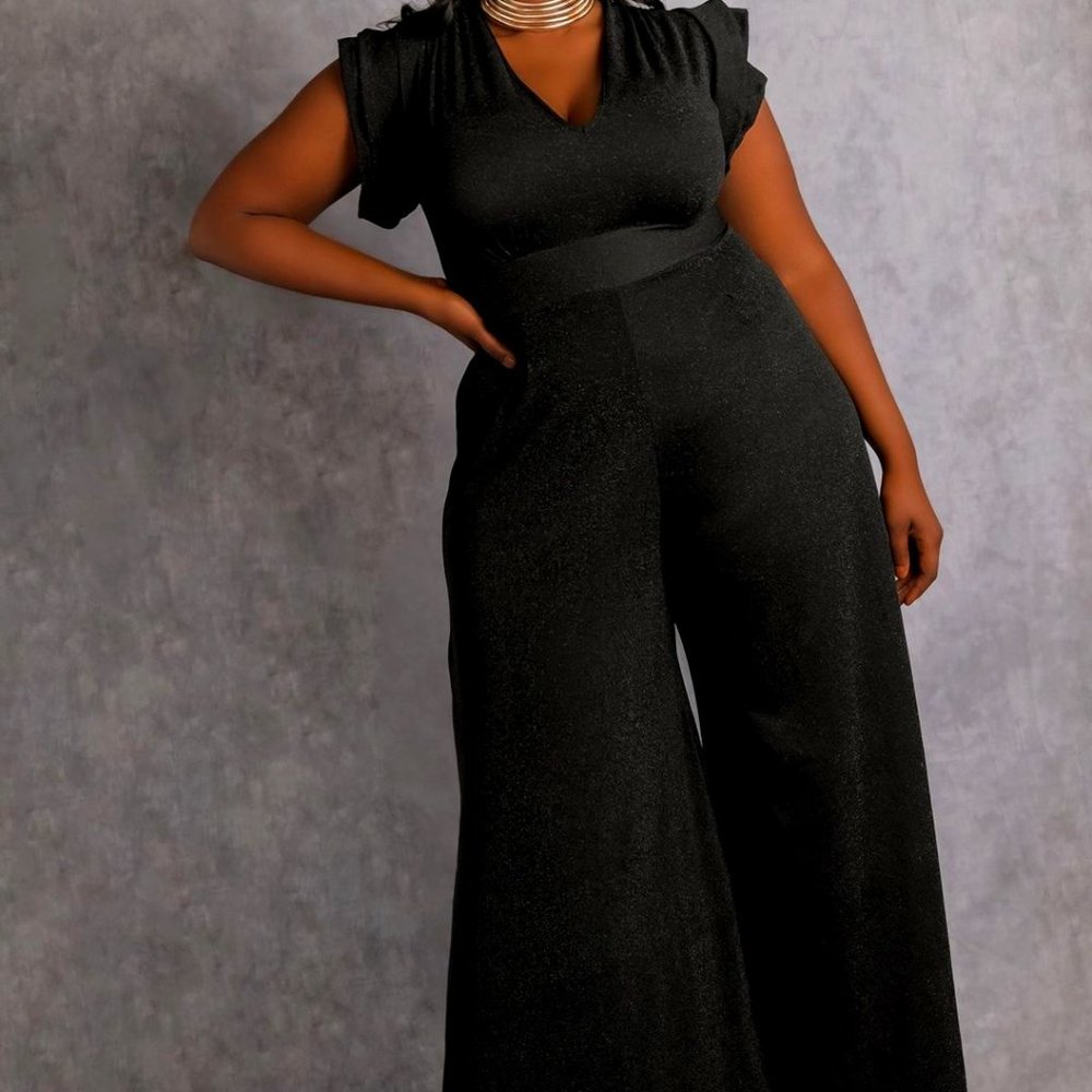 Rebdolls 4X Party All Night Ruffled Sleeve Wide Leg Sparkle Jumpsuit